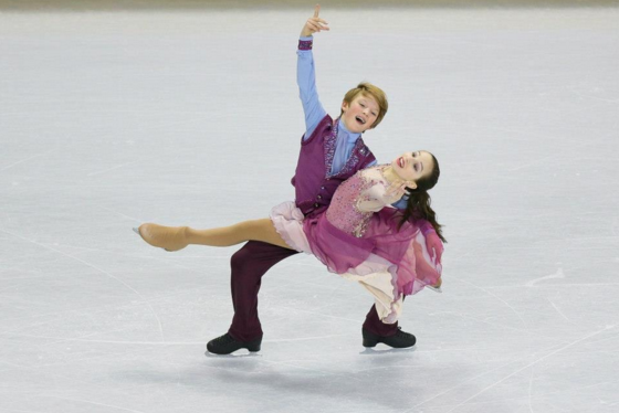 Eliana Gropman and her partner perform at an ice dancing competition. 