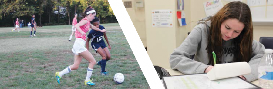 Left: Junior Sara Hughes fights for the ball during a soccer match.
Right: Junior Sara Hughes takes notes during Spanish class.