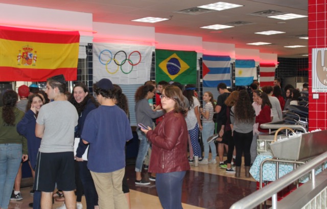 The cafeteria is adorned with flags from Hispanic countries. School lunches this week were Spanish themed, which included common Hispanic dishes such fried plantains and rice and beans. 