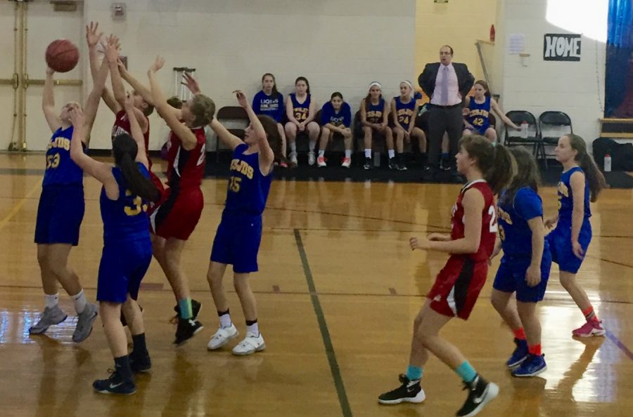 The Lions, along with the Washington Waldorf Knights, fight for the rebound at the Potomac Valley Athletic Conference championship. The Lions fell to the Knights with a final score of 32-17.