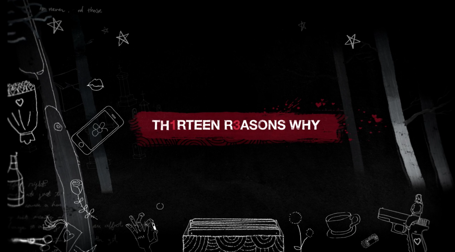 The title screen for the Netflix drama 13 Reasons Why shows symbols of the show and of suicide.