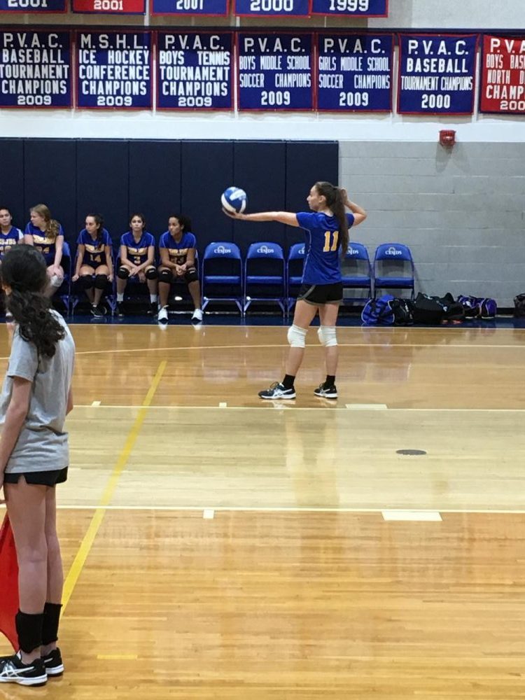 Junior and setter Shoshana Scott serves the ball during the second set of the game. The Lions began the set with a prominent 8-point lead, but ended it with a score of 25 - 20, as the McLean Mustangs slimmed down the Lions’ lead. 
