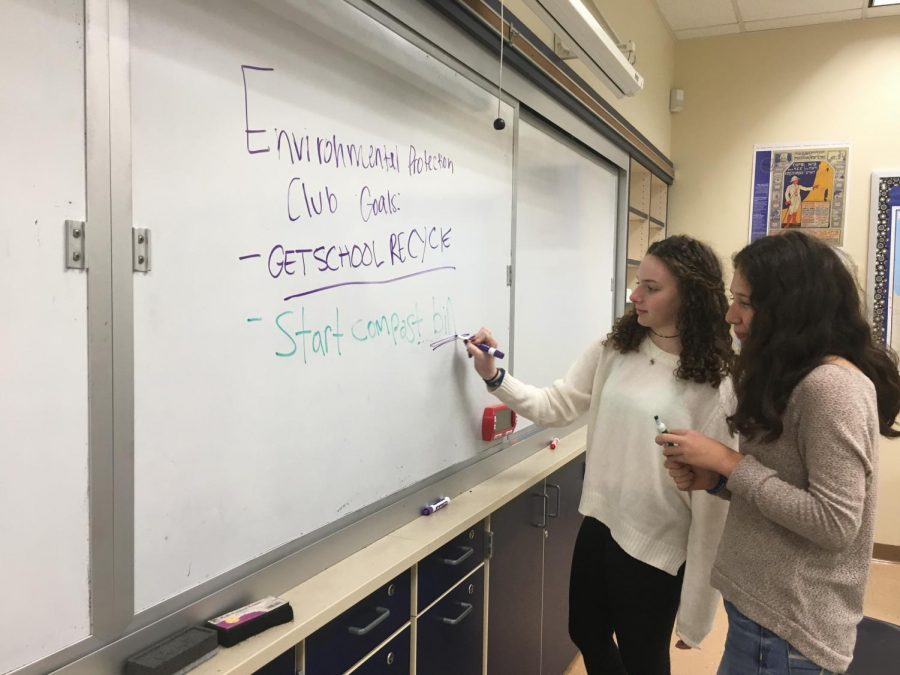 Environmental Awareness Club co-founders Dora Mendelson and Addie Bard work on possible goals that would make a more environmentally-conscious school.