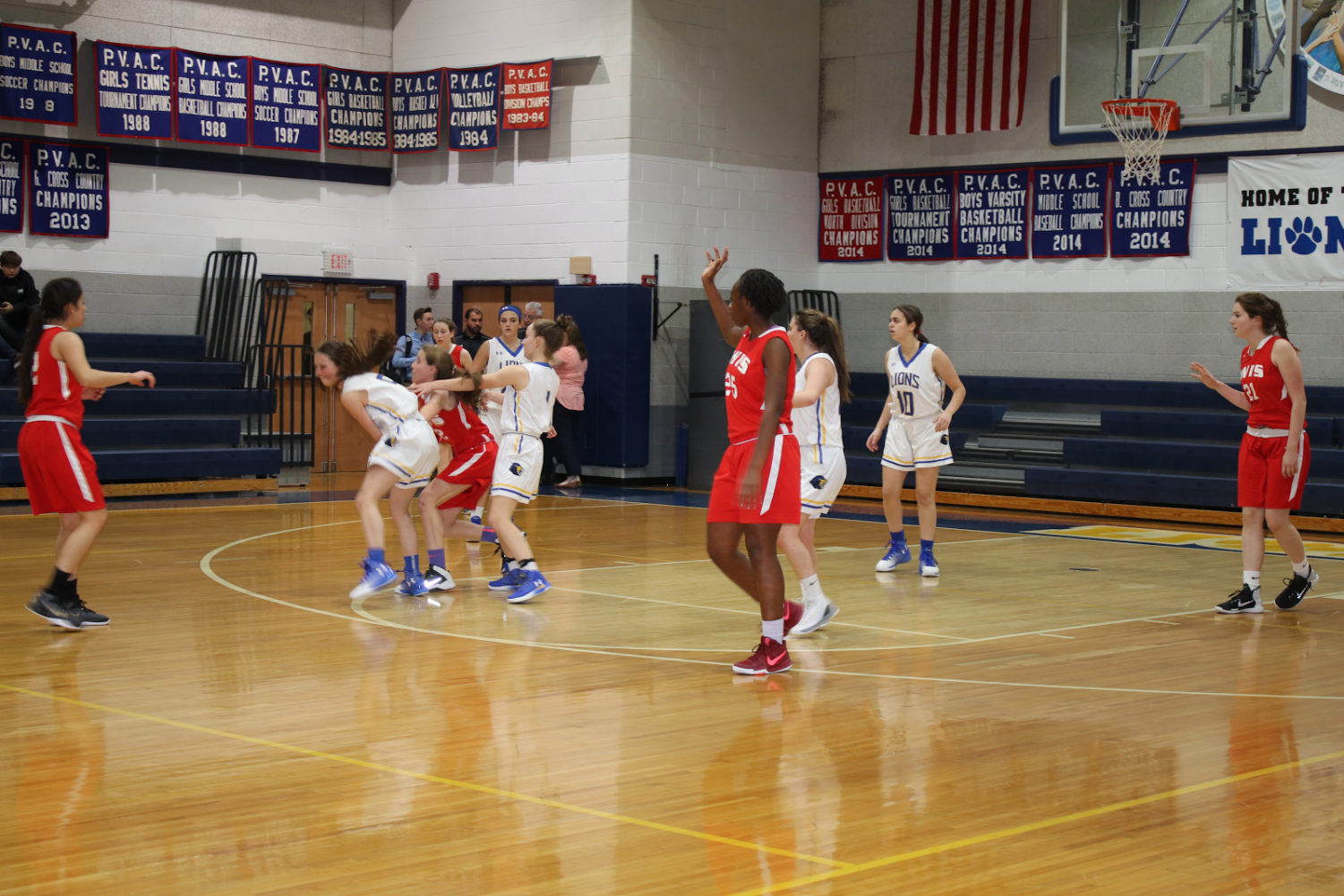 Leading scorer Brooke Cohen fights to avoid a steal from the Red Devils, as freshman Abby Alter backs her up.