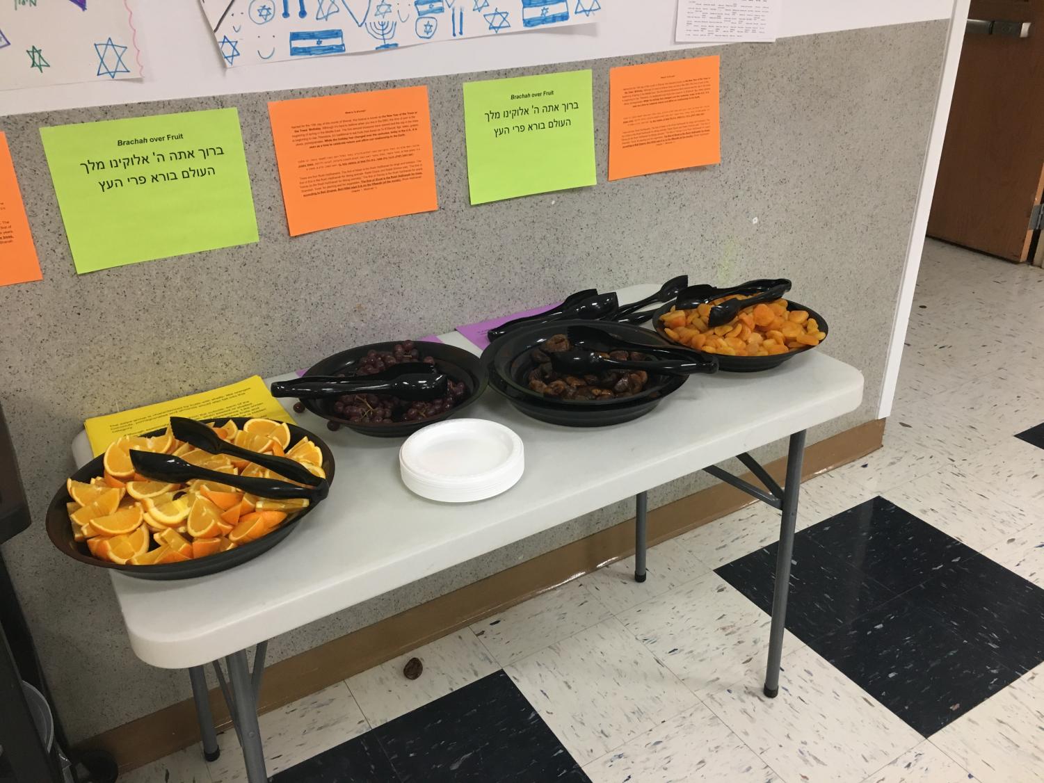 Orange slices, red grapes, dried figs and dried apricots were available in the CESJDS cafeteria for students to celebrate Tu B’Shvat on Jan. 31 during both high school and middle school lunches.