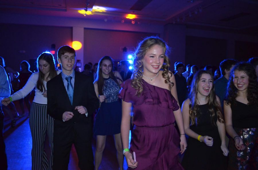 Eighth-grader Coco Becker and juniors Jordan Herling and Shoshana Scott enjoy the party. The dance was DJ’d by junior Jordan Schneider, and some friends.
