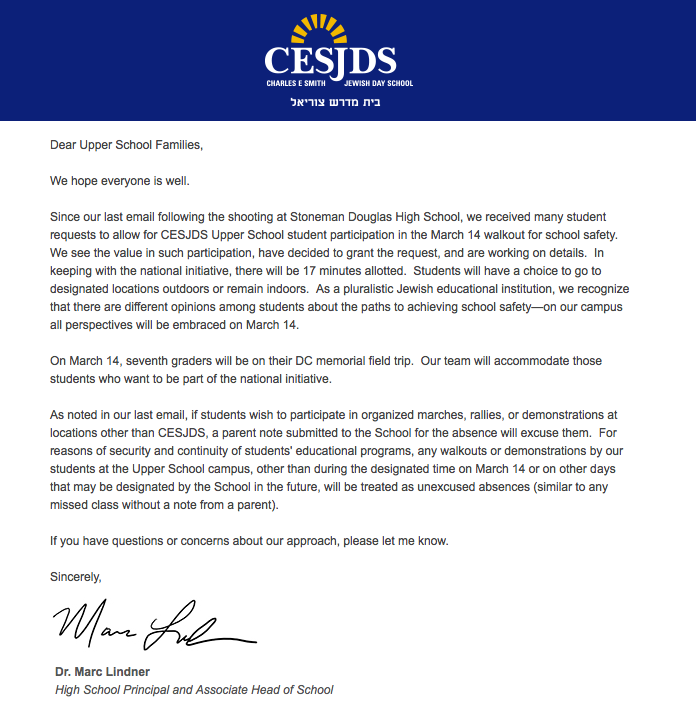An email sent out by High School Principal and Associate Head of School Marc Lindner on March 8 reflected the schools change in policy to allow students to walkout in commemoration of the Parkland, Fla. shooting.