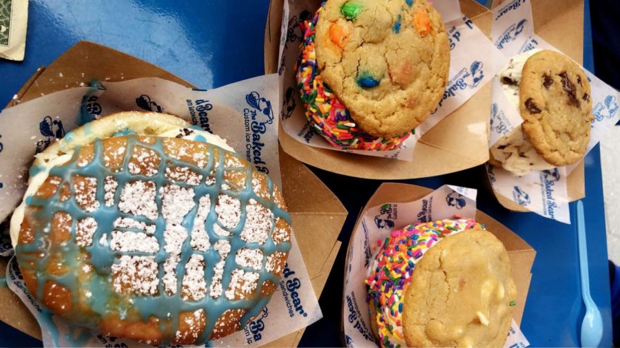 Along with scooped ice cream in cones and cups, The Baked Bear offers hot-pressed ice cream sandwiches with freshly baked cookies.
