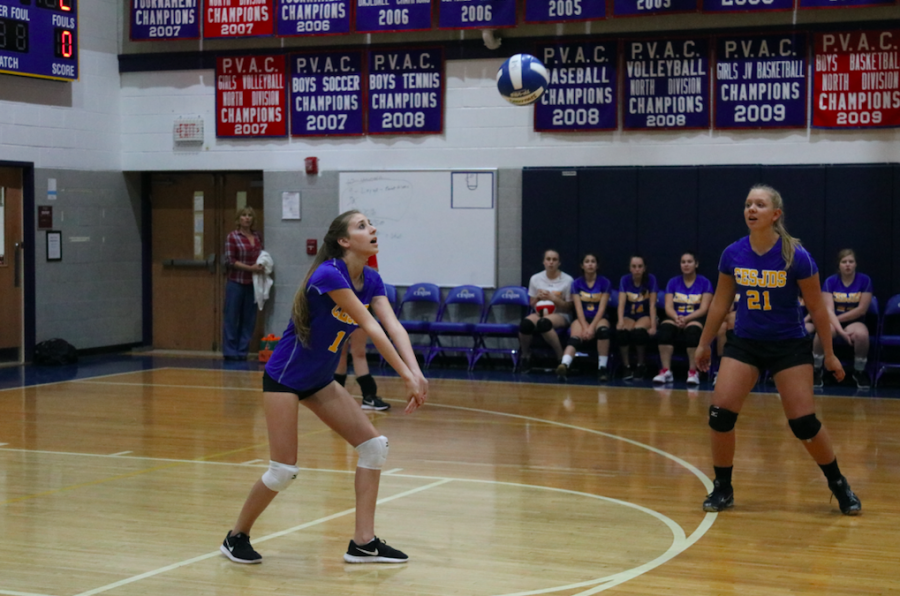 Girls varsity volleyball:

Freshman Shelby Schlactus prepares to bump a ball in a match against the Grace Brethren Eagles. The team has a 4-5 record.