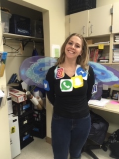 English teacher Ms. Naomi Allemann wears social media icons on Purim last year. 