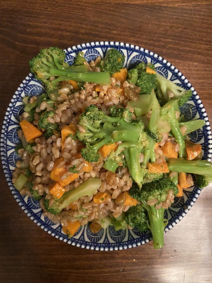 Freshman Ella Waldman prepared the Broccoli and Ancient Grain Salad from Family Meals: Recipes from Our Community. 