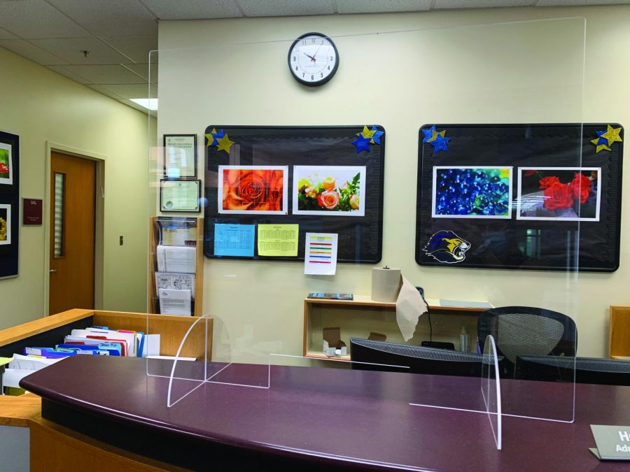Plexiglass placed in main office and around school as a safety precaution with the return of in-person learning. 