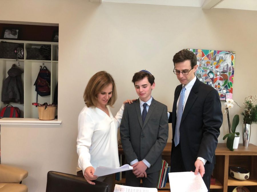 Seventh-grader Jake Peppe reads his speech for his Bar Mitzvah that took place over Zoom. “I feel like it [the Zoom service] did establish a bit more of a community,” Peppe said. 