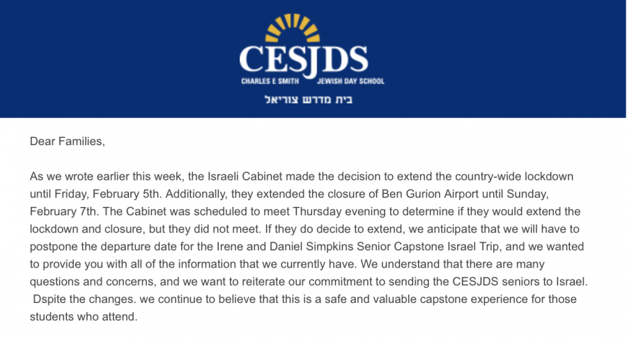Landy sent out an email to families of seniors at 11:54 a.m. on Friday announcing that the Capstone Israel Trip would be delayed.