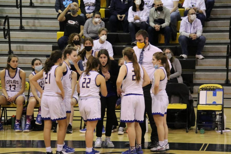 The+girls+varsity+basketball+team+huddles+for+a+timeout+during+the+championship+game.+Senior+and+co-captain+Avital+Friedman+said+that+during+one+timeout+the+team+discussed+the+importance+of+being+in+control+of+how+they+play.+