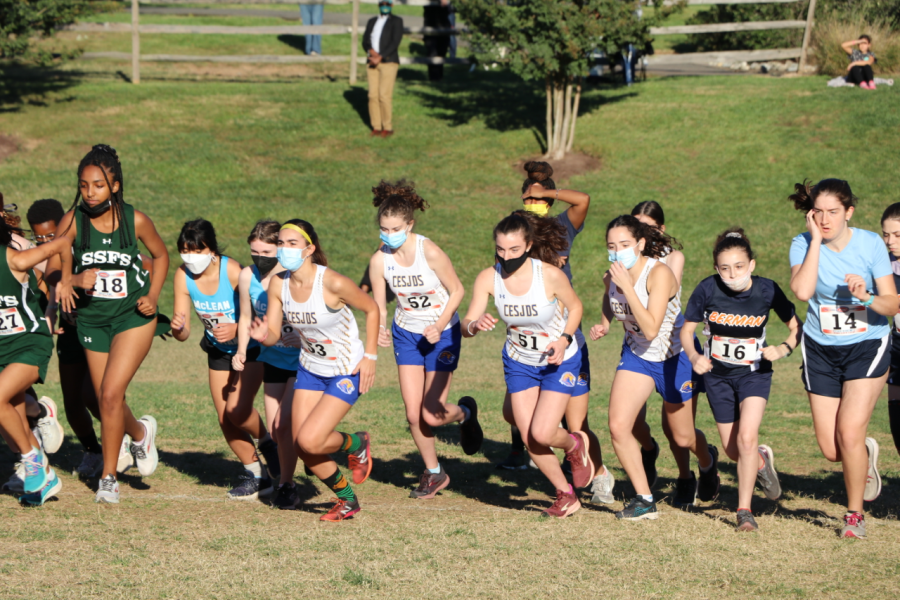 Rebecca Safra, number 52, and her teammates kick off a PVAC cross country race. In her sixth year with the team, Safra relished her senior season.

Photo courtesy of Noah Hoch