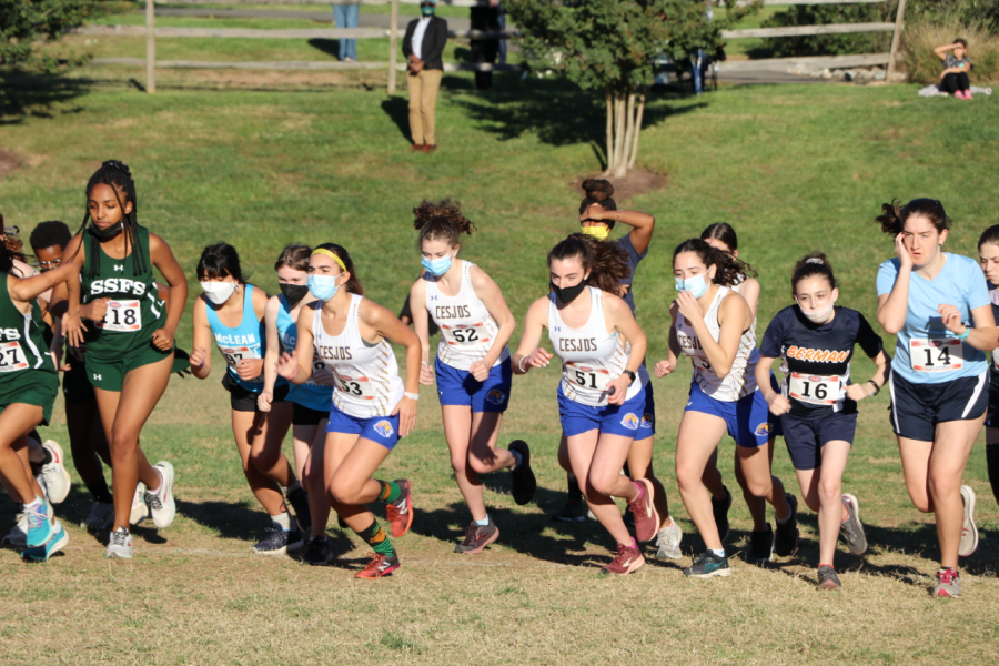 Rebecca+Safra%2C+number+52%2C+and+her+teammates+kick+off+a+PVAC+cross+country+race.+In+her+sixth+year+with+the+team%2C+Safra+relished+her+senior+season.%0A%0APhoto+courtesy+of+Noah+Hoch