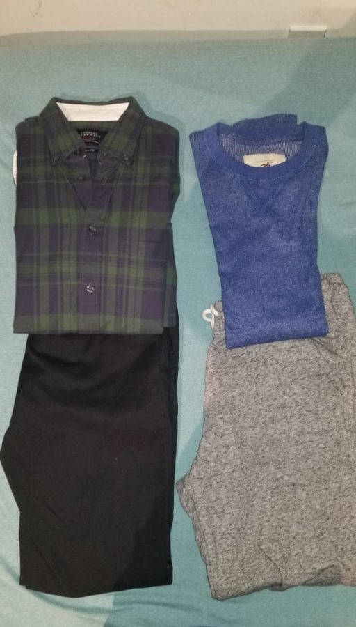 A more formal outfit that Adin wore to school on the left, and a casual outfit that he wears on any other day. 