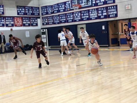 Eighth grader Aviv Stein dribbles the ball on a fast break.