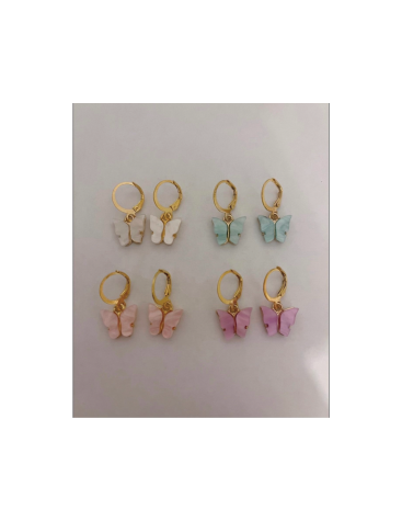Acrylic butterfly-shaped earrings that come in four different colors and a gold clasp. 