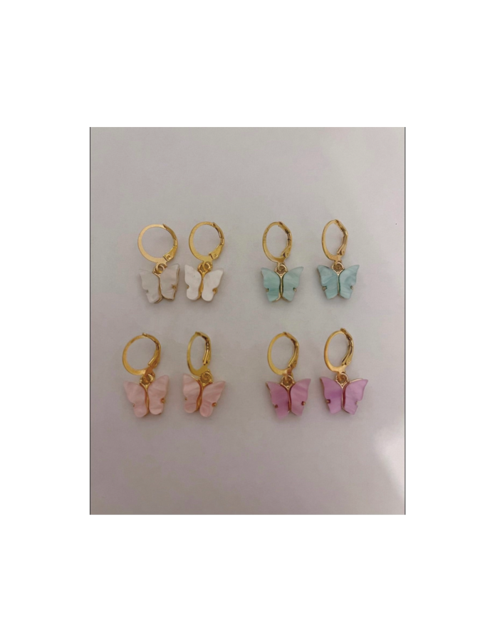 Acrylic butterfly-shaped earrings that come in four different colors and a gold clasp. 