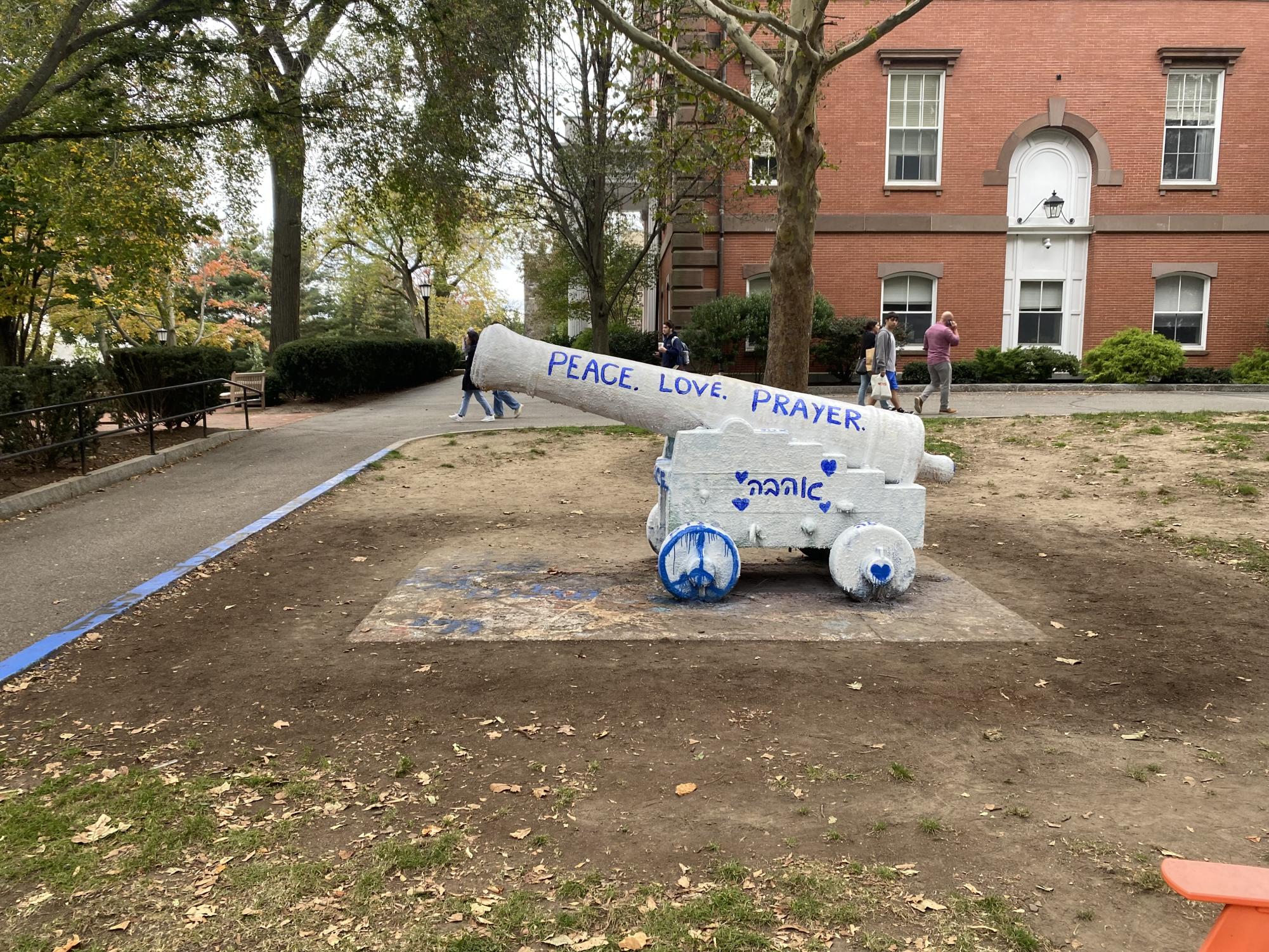 The cannon at Tufts University, painted blue and white to represent Israels colors, promotes messages of peace and love. 