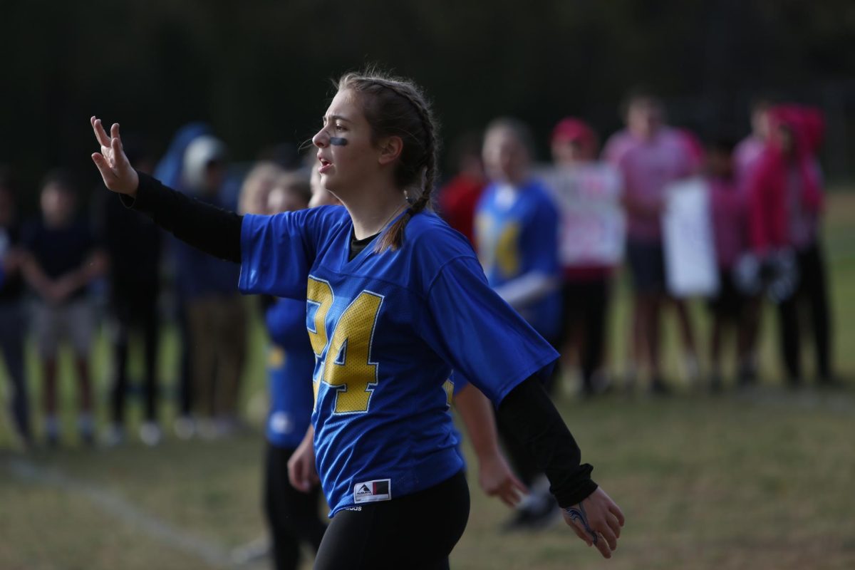 Senior Hannah Shank remains locked into the competitive game even after scoring a touchdown. Shank’s mid game goal put the score at 21-0 before the juniors last-minute touchdown.