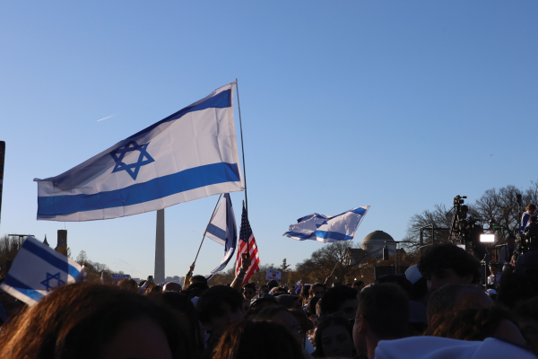 An Israeli flag is raised in support of Israel during the March for Israel Rally on Nov. 14. JDS cancelled the school day to allow students and teachers to attend. 