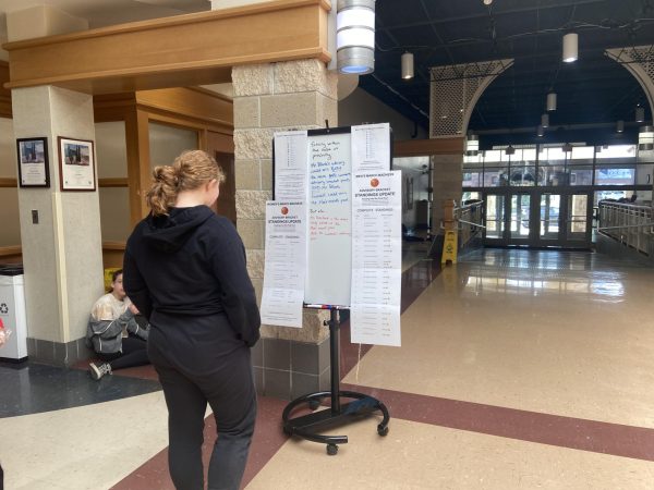 Students check their standings in the school-wide March Madness pool.