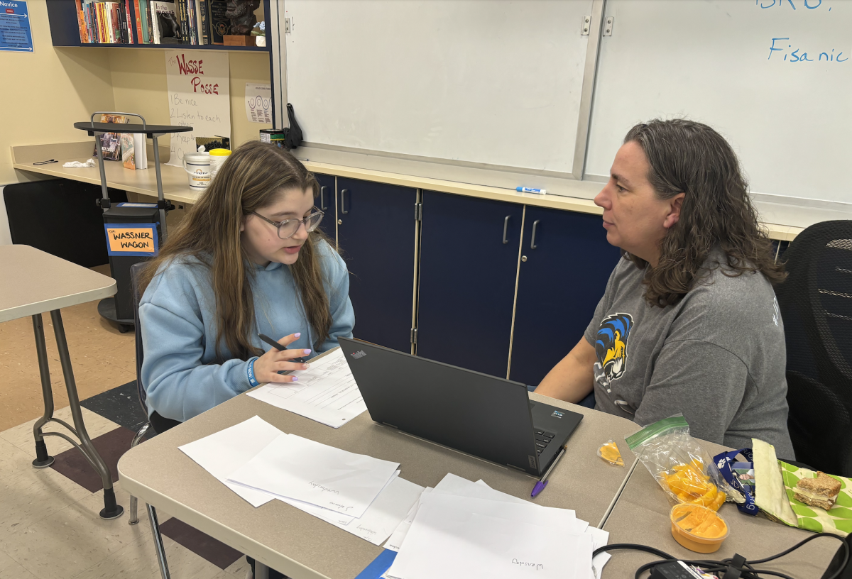 High school english teacher Melissa Fisanich helps her student with an upcoming assignment. 