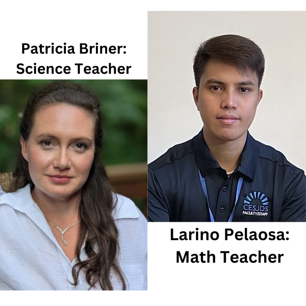 Pelaosa and Briner are two of the four new middle school teachers at CESJDS. Used with permission from Briner and Pelaosa and graphic by Eliana Wolf.