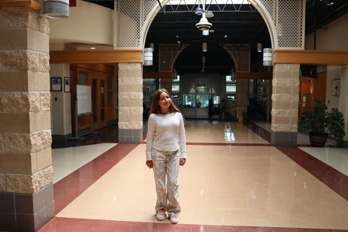 When looking for inspiration on what to wear for the first day of school, freshman Mae Stein found a pair of jeans from Hollister that she immediately ordered. Stein enjoys online shopping and planning out her outfits ahead of time. Come the first day of school, she got the opportunity to do so as she paired these jeans with a white top from Omega and her Adidas Campus shoes to add a pop of color. “I thought [these jeans] were really cute,” Stein said, “I didn’t want to wear blue jeans because everyone else was wearing blue jeans.”