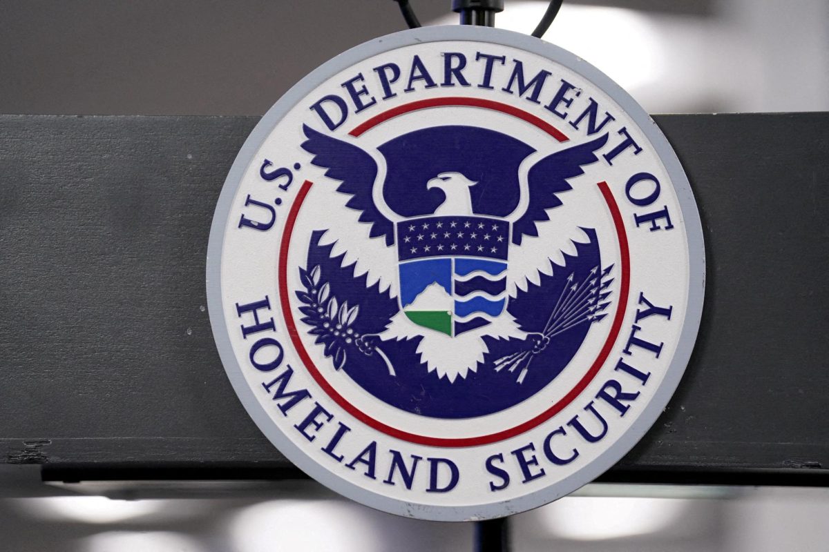 The U.S. Department of Homeland Security seal is displayed at the FEMA National Response Coordination Center in Washington, D.C., U.S., January 24, 2026. REUTERS/Nathan Howard