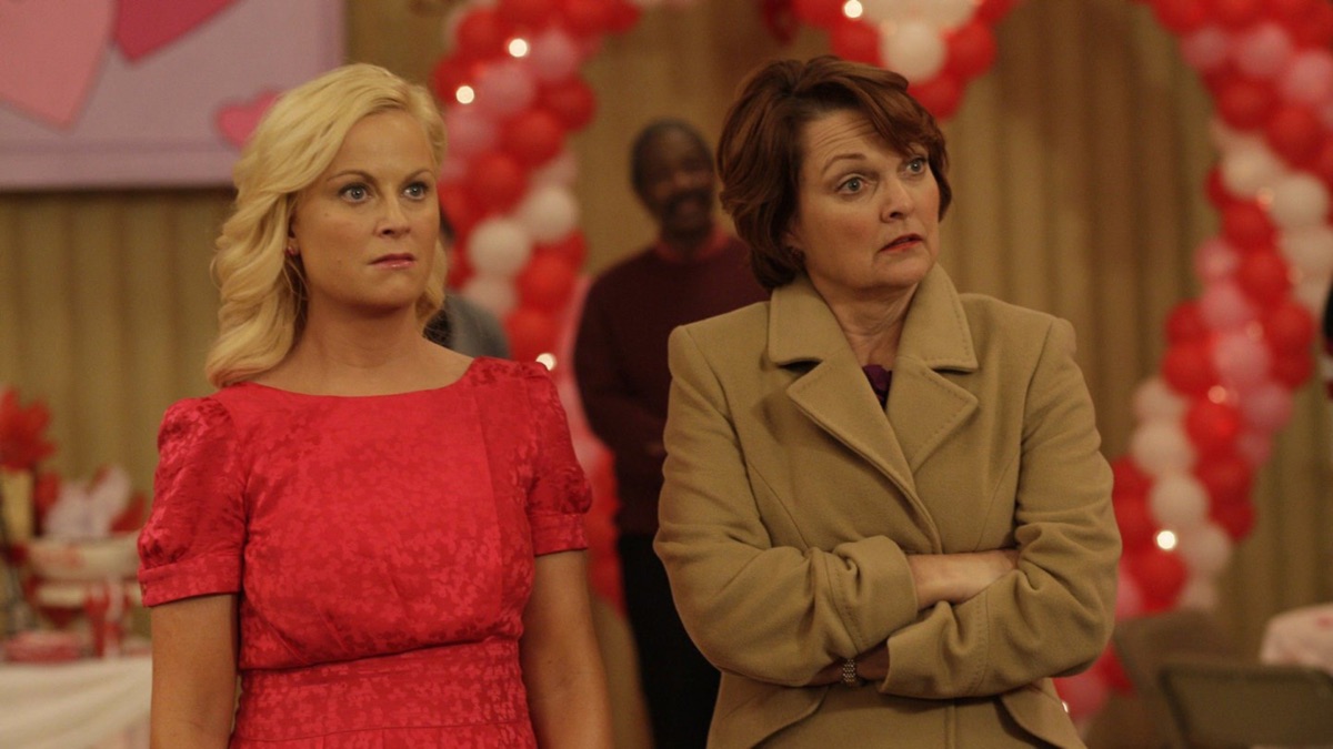 Leslie Knope, played by Amy Poehler, and her mother, Marlene Griggs-Knope, played by Pamela Reed, in the "Parks and Recreation" Galentine's Day episode.