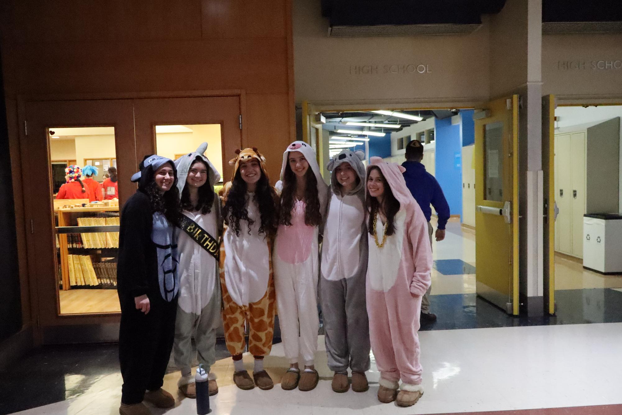 Sophomores Eden Kotok, Zoe Cohen, Noa Dvir, Evie May, Dalya Lurie and Kira Koplow dress as animals from the animated film "Sing."