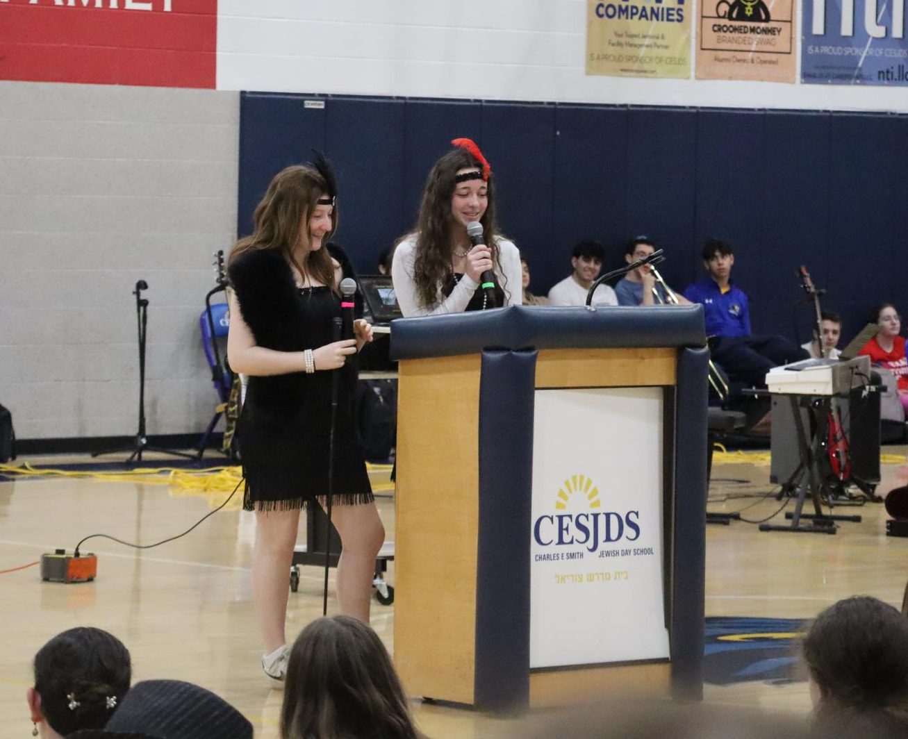 Juniors Brielle Bassin and Leora Blumenthal host Gatsby Day's Kabbalat Shabbat.