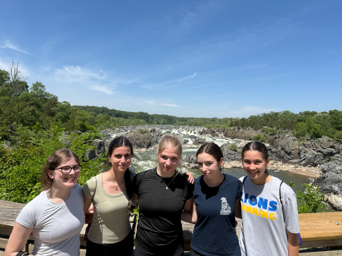 Sophomore girls Gabi Kittrie, Adi Ben Nun, Caitlyn Levitan, Nava Silverman and Lena Lourenco (left to right) hiked Great Falls Park along the Potomac River in VA. “My favorite part of the hike was being able to spend time with my friends in a different setting other than school,” Ben Nun said.